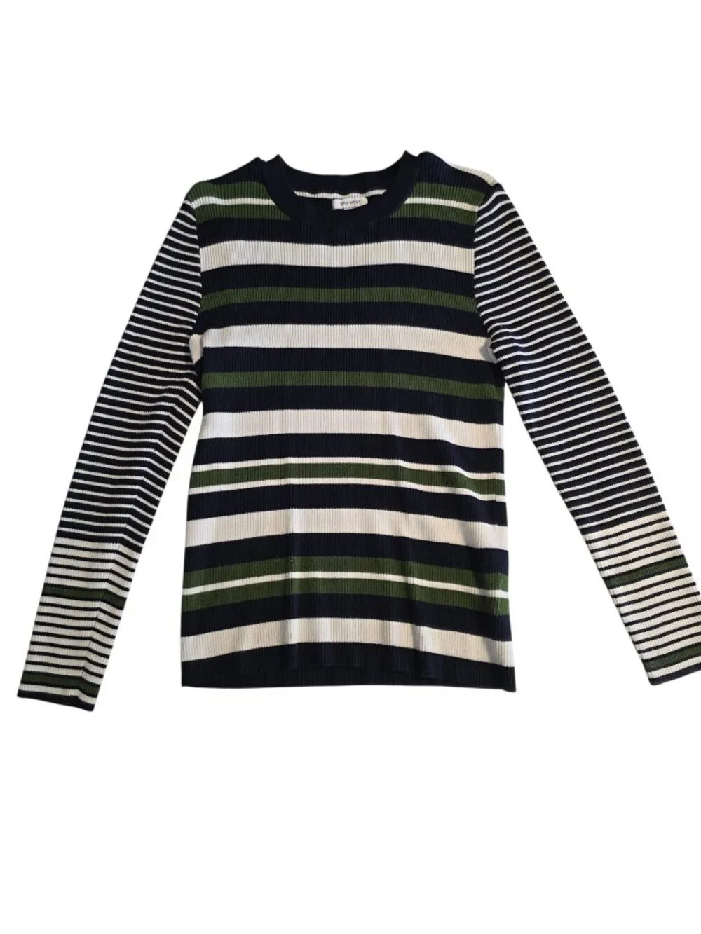 Nine West Rib Knit Crew Neck Sweater Rayon Blend Green Blue Striped Large NEW‎